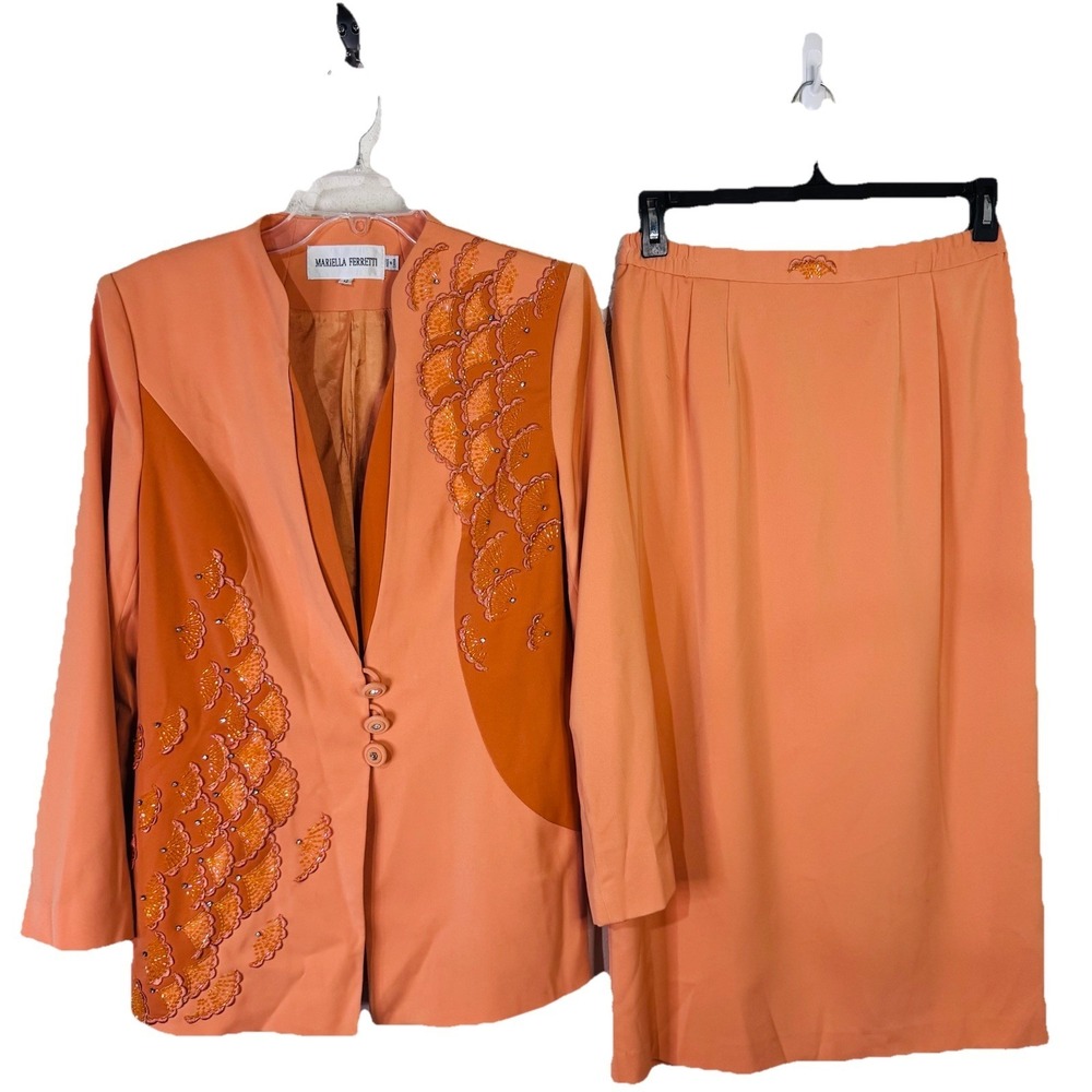 Mariella‎ Ferretti Dress Orange 2 Pc Suit Jacket Embellished Fan Sequin Size 12